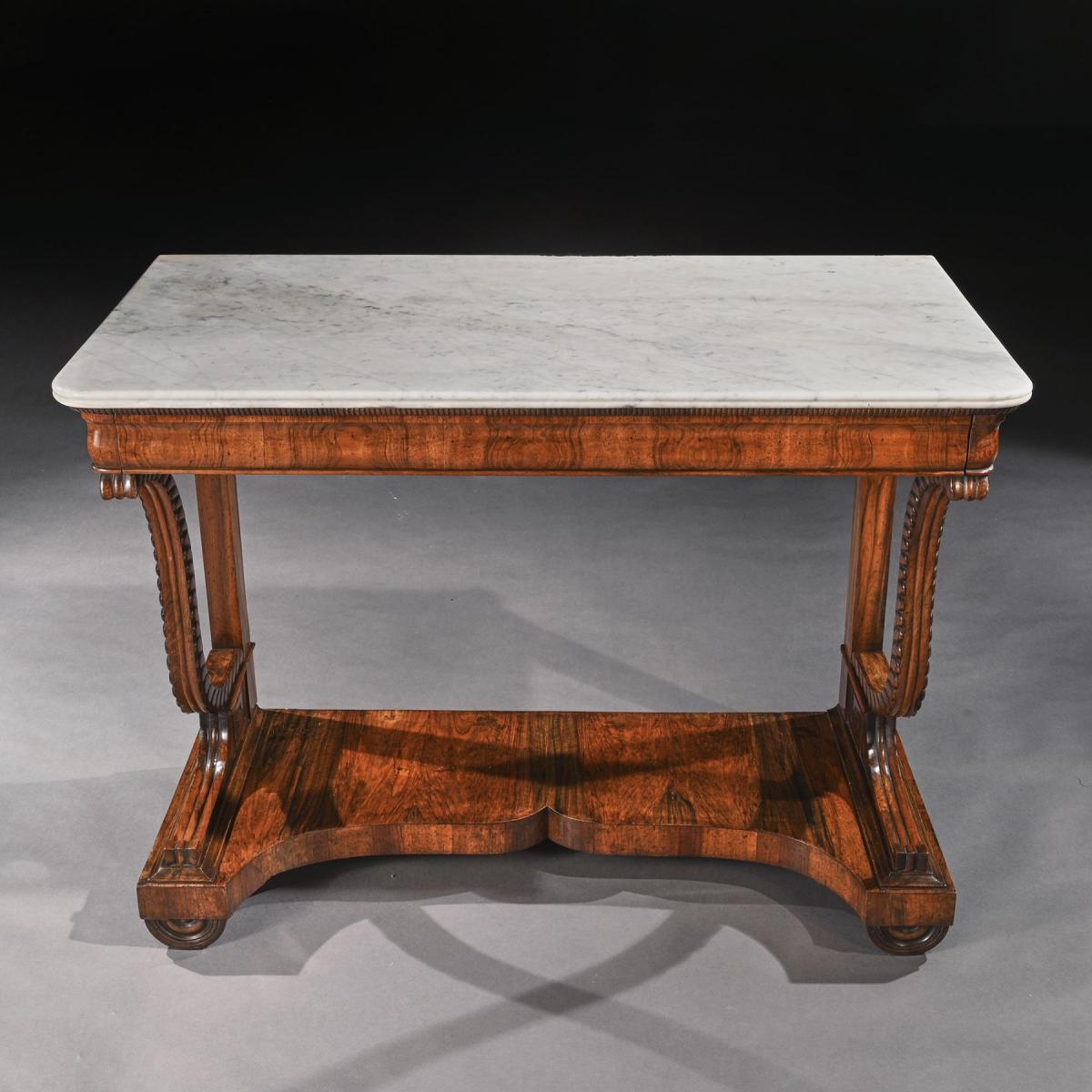 Pair of Early 19th Century Italian Walnut and Marble Top Console Tables