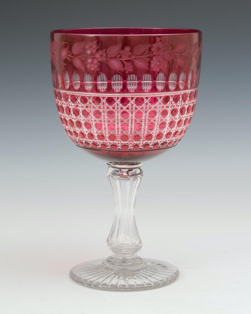 A Fine Cut Glass & Engraved Red Overlaid Goblet