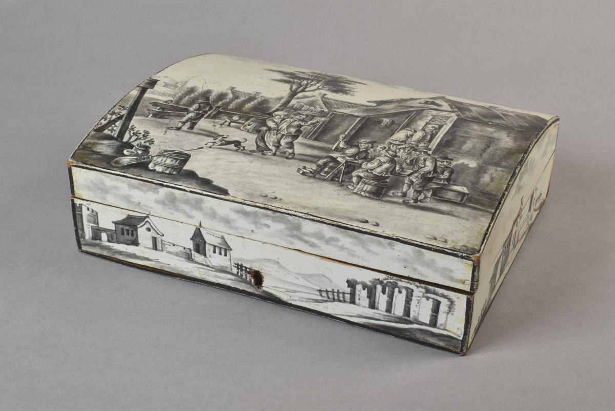 A fine Spa box containing a set of four smaller boxes, all decorated en grisaille, c.1780