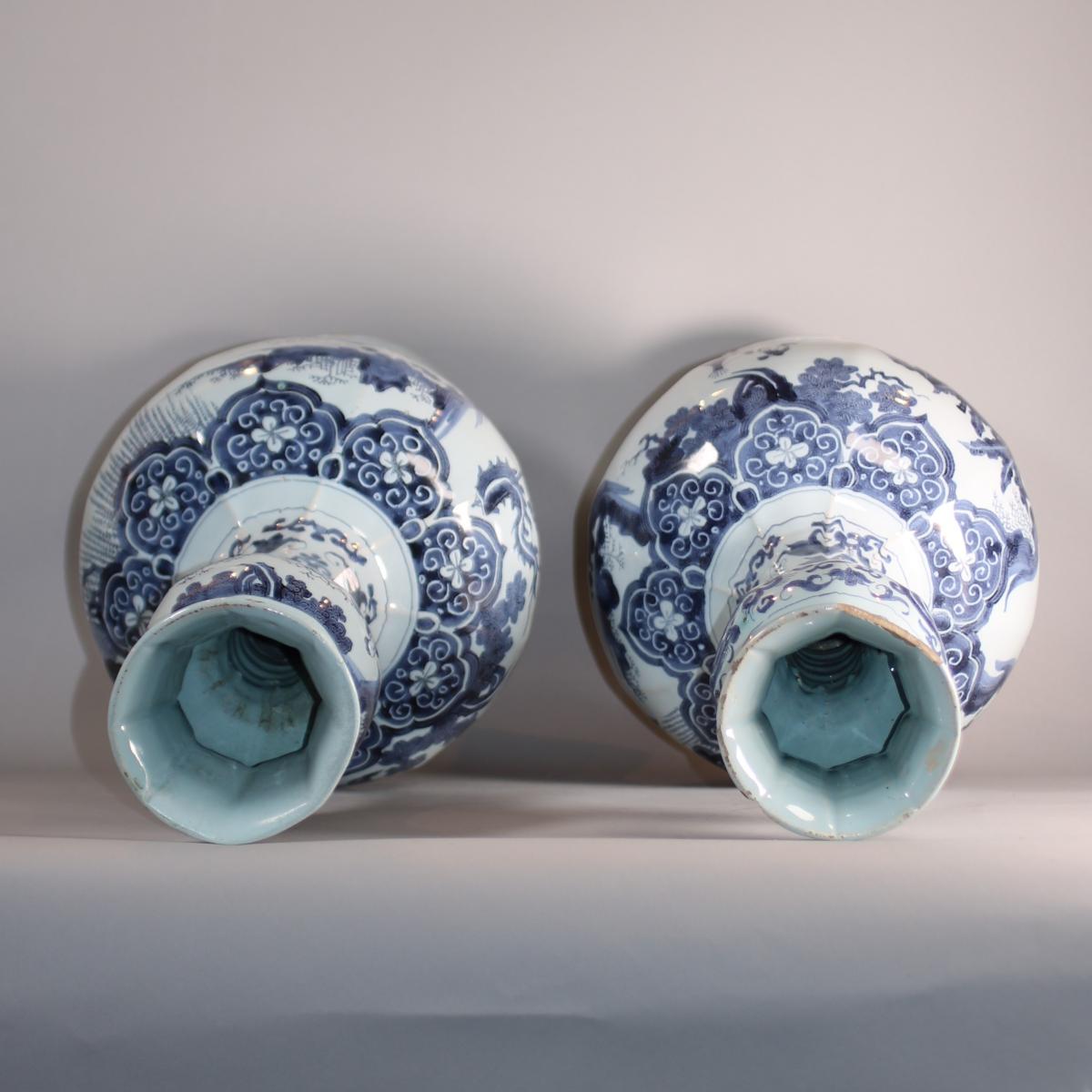 Dutch Delft blue and white garlic-necked vases, circa 1700