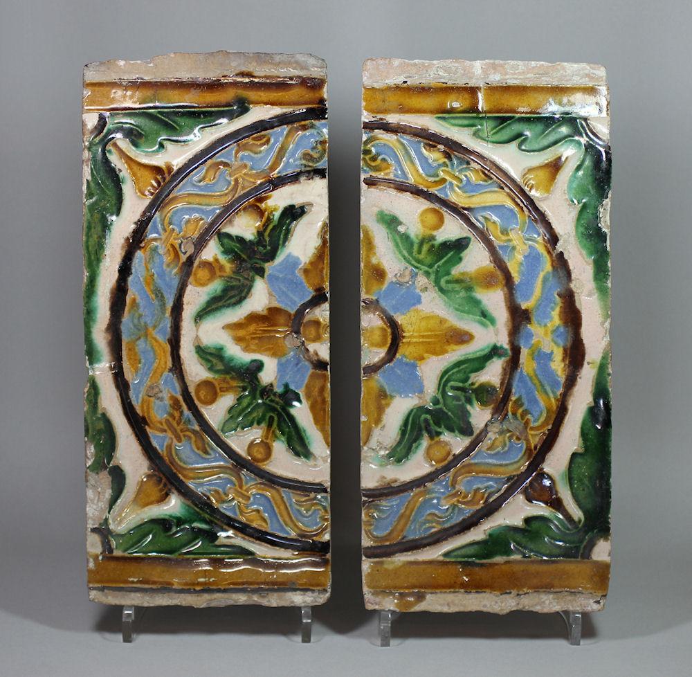 Two polychrome Spanish pottery ceiling tiles, c1500-50