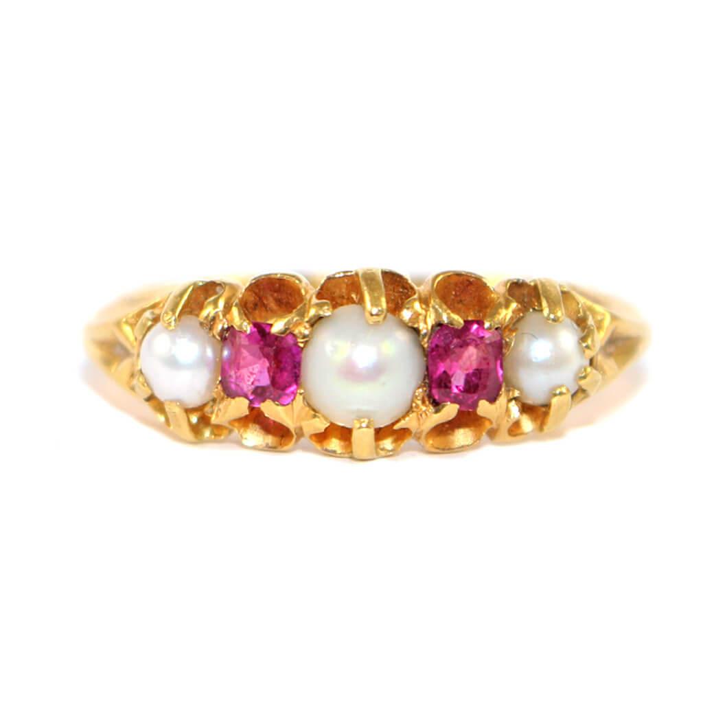 Victorian Ruby & Pearl 5 Stone Ring c.1900