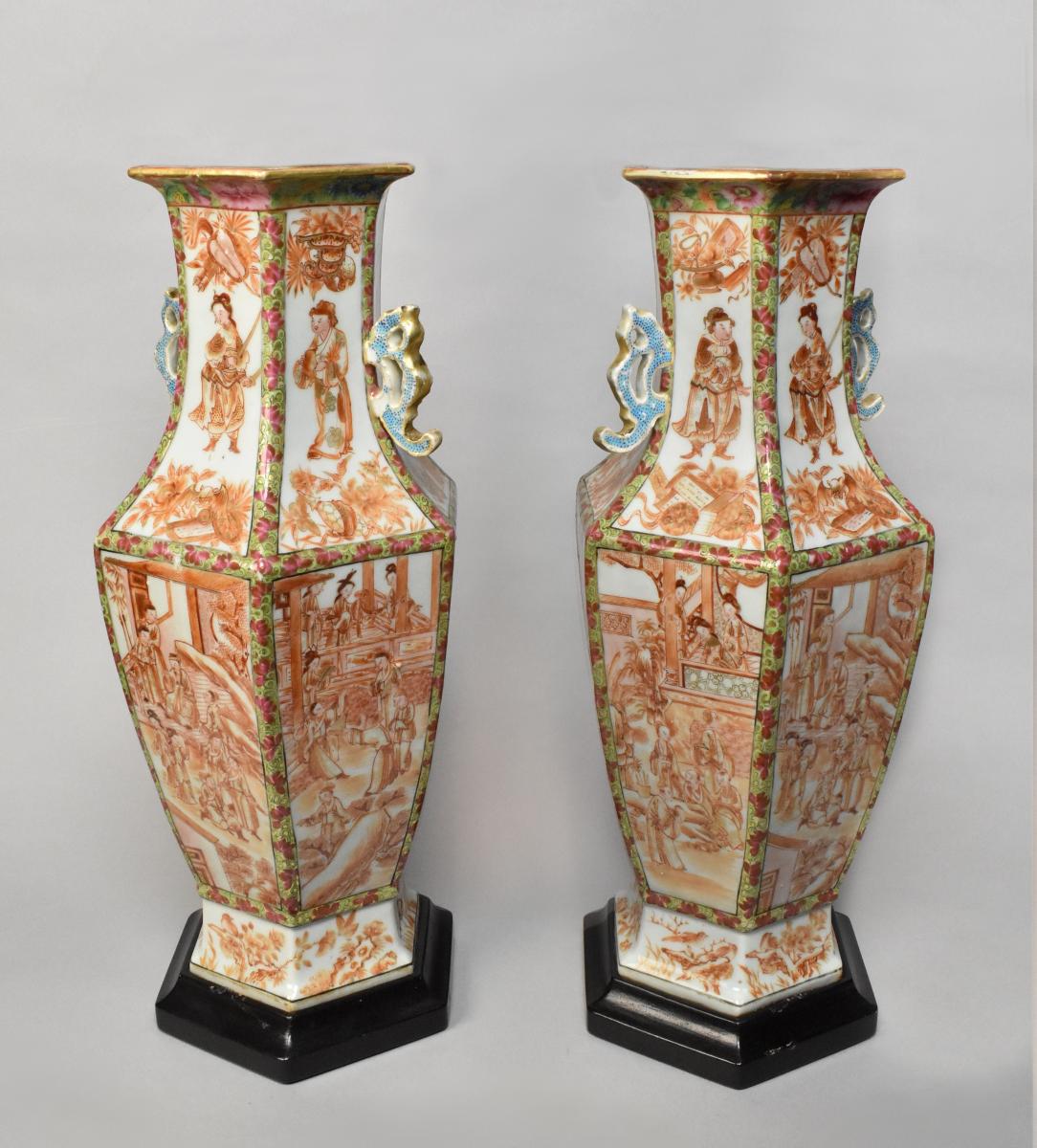 Pair of unusual Chinese Canton vases decorated with panels in iron red, c.1840
