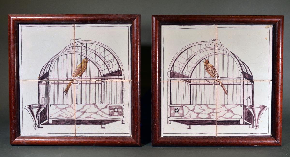Dutch Delft Pair of Framed Tiles with Birds in Birdcages, 19th Century
