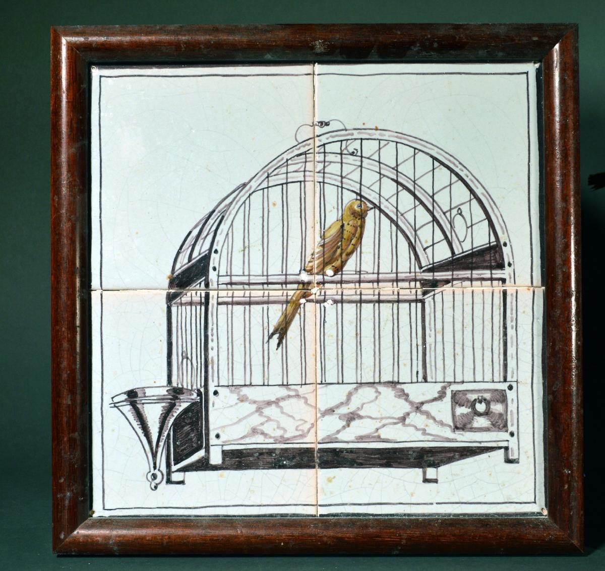 Dutch Delft Pair of Framed Tiles with Birds in Birdcages, 19th Century