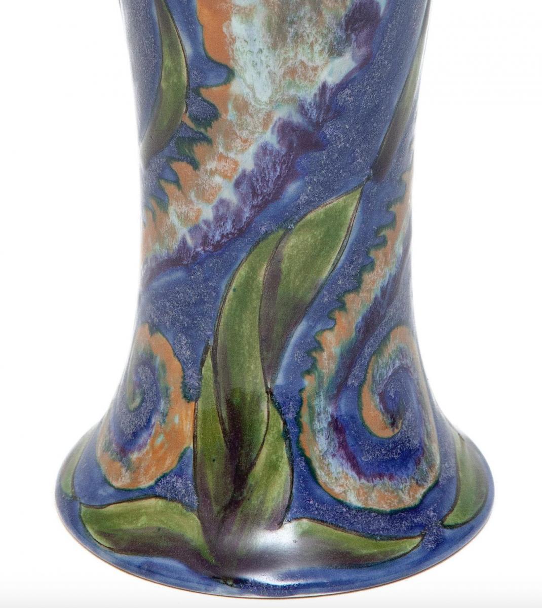 Cobridge Stoneware Vase Sea Horses Blue Green Ochre Contemporary