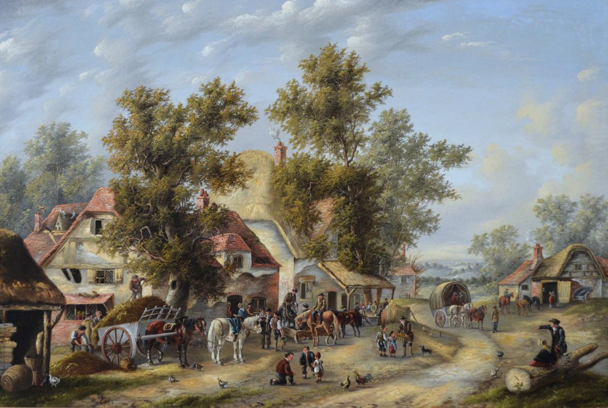 Landscape oil painting of a busy village by Georgina Lara