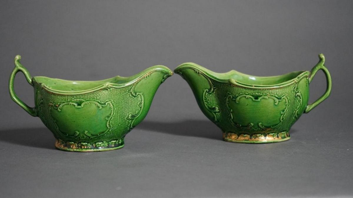 18th Century Whieldon-type Green-glazed Sauceboats with remains of Original Gilt, Circa 1750-70