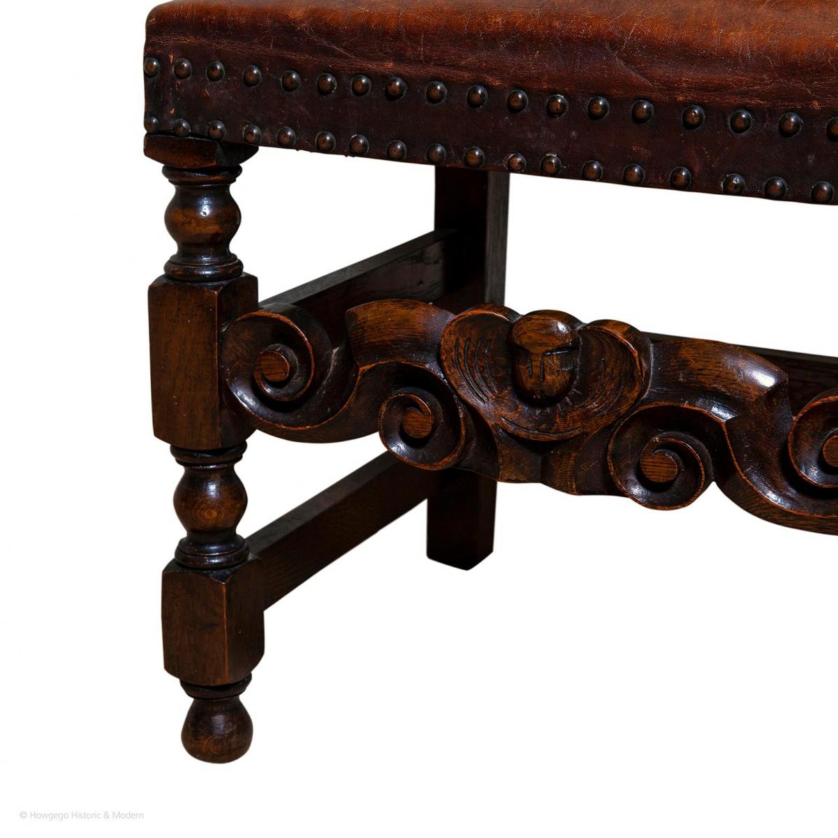 Armchair Leather Oak 19th Century Baroque Jacobean Revival Antiquarian