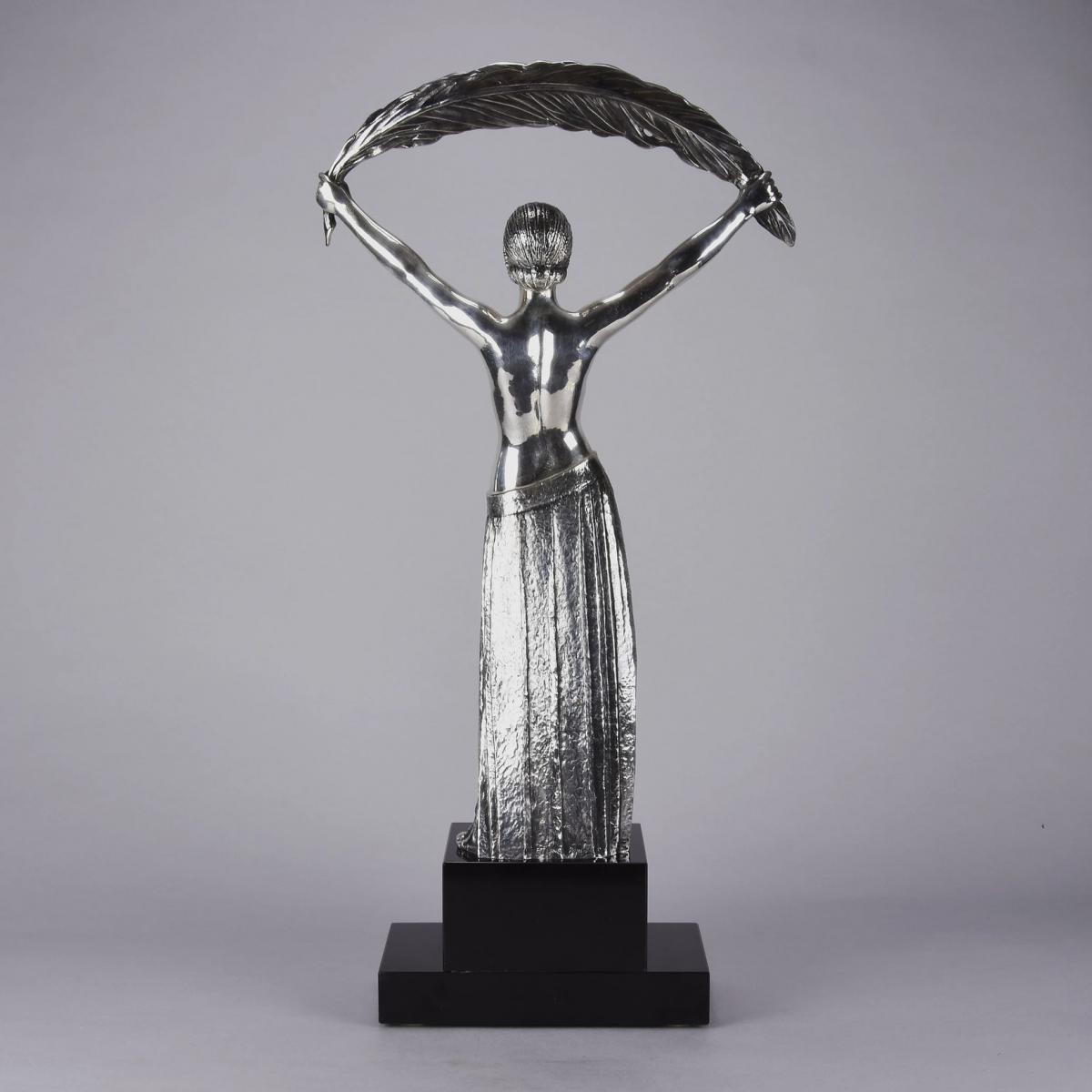 Art Deco Silvered Bronze Figure  "Femme a la Palme" by Demetre Chiparus