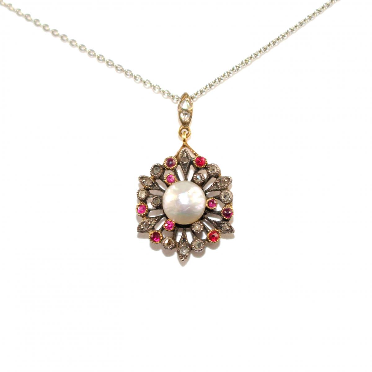 Victorian Pearl, Ruby & Diamond Pendant c.1900