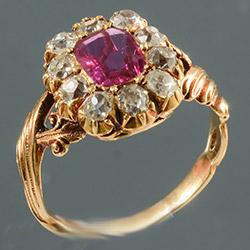 Burmese ruby and diamonds cluster ring, circa 1880