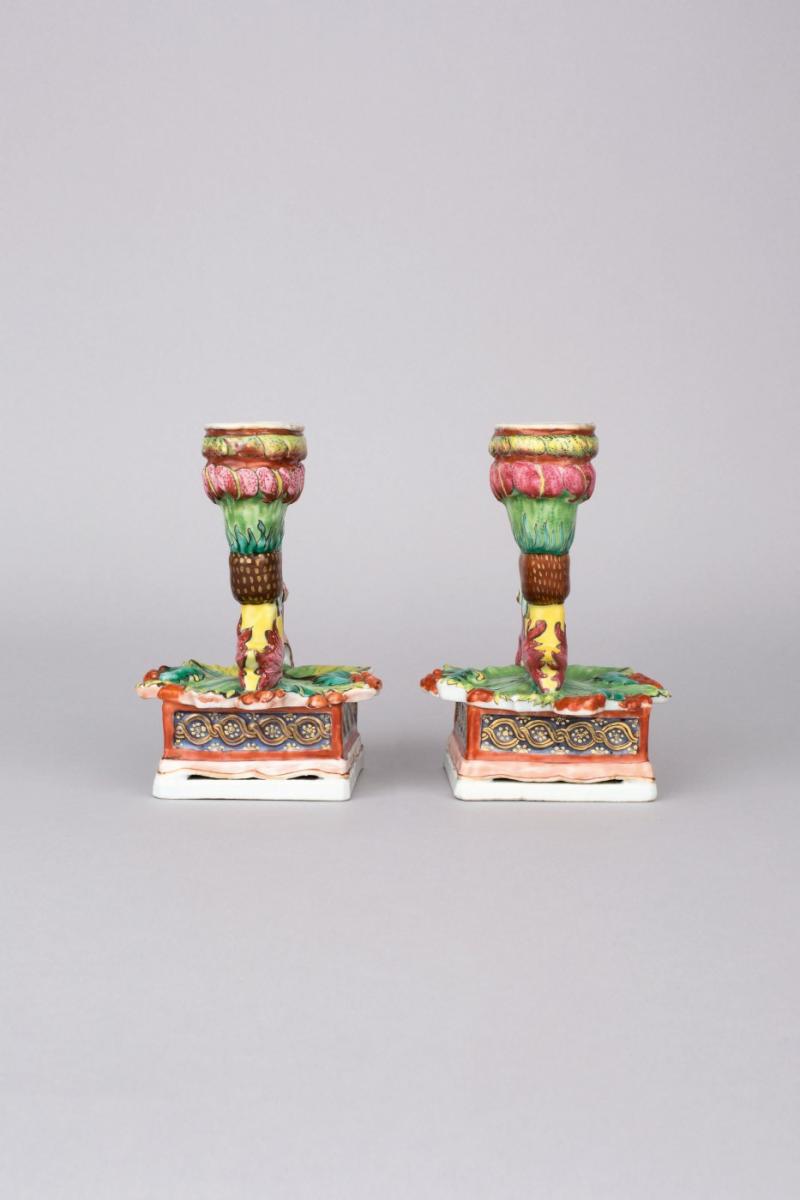 Pair of famille rose rococo chamber sticks, Qianlong, circa 1750