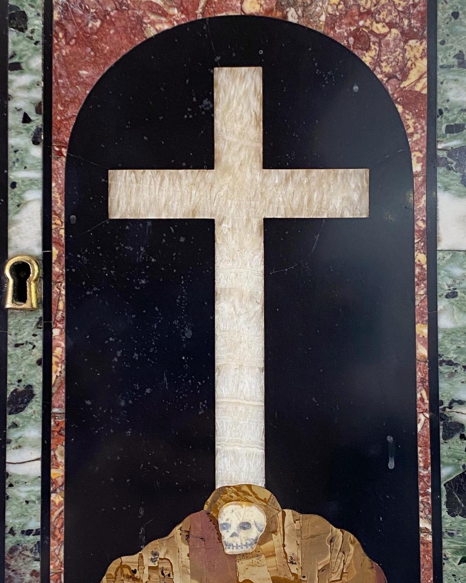 Marble inlaid tabernacle door with crucifix on Golgotha. Italian, 17th century