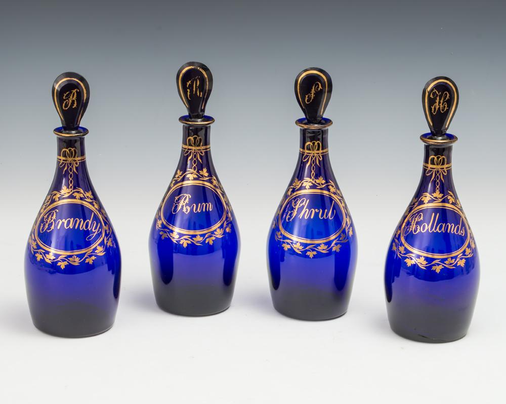 A Fine Set of Four Bristol Blue Gilt Label Antique Georgian Decanters