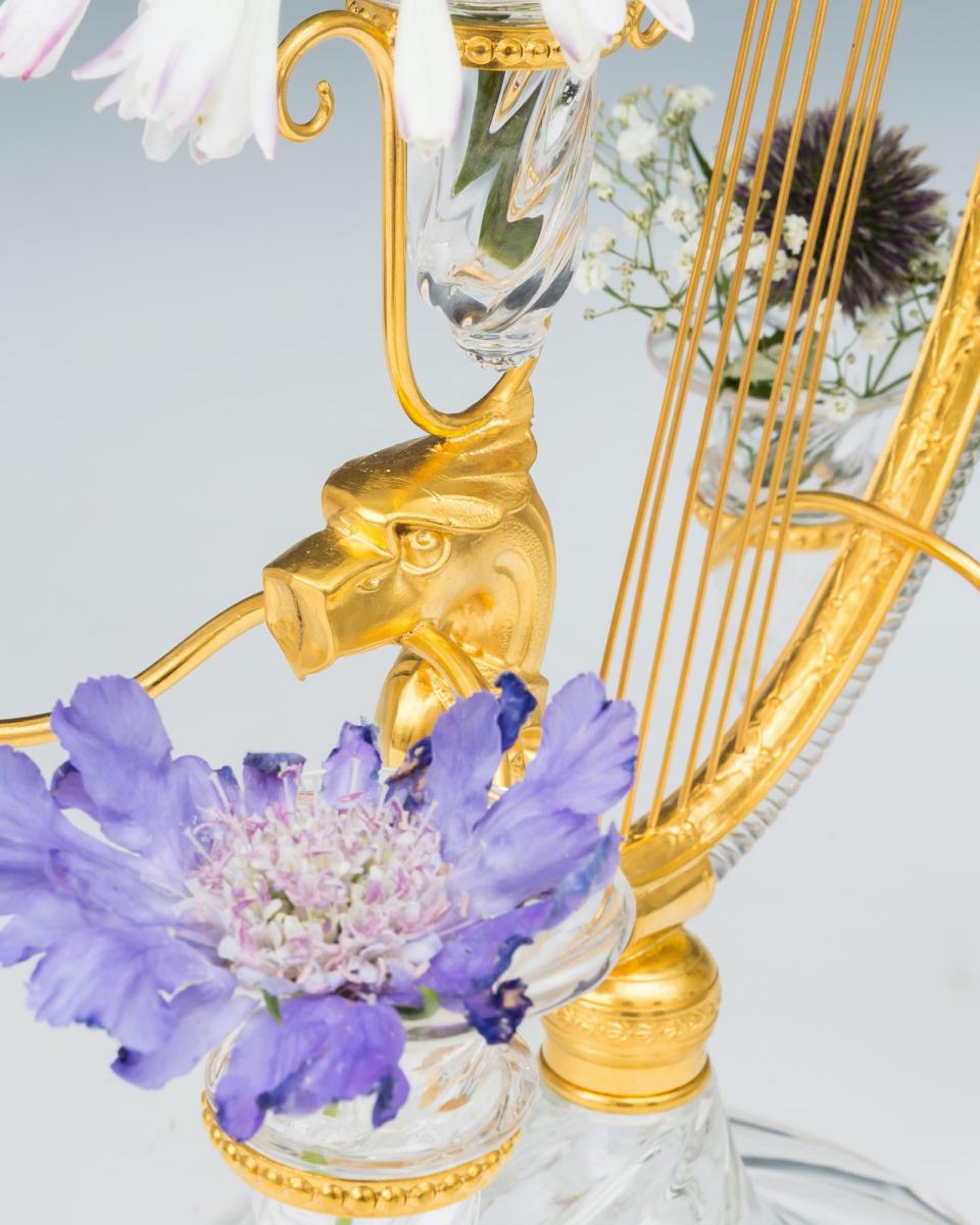 An Unusual Pair or Ormolu Mounted Harp Flower Epergnes