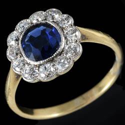 Edwardian gold platinum set sapphire diamond cluster ring