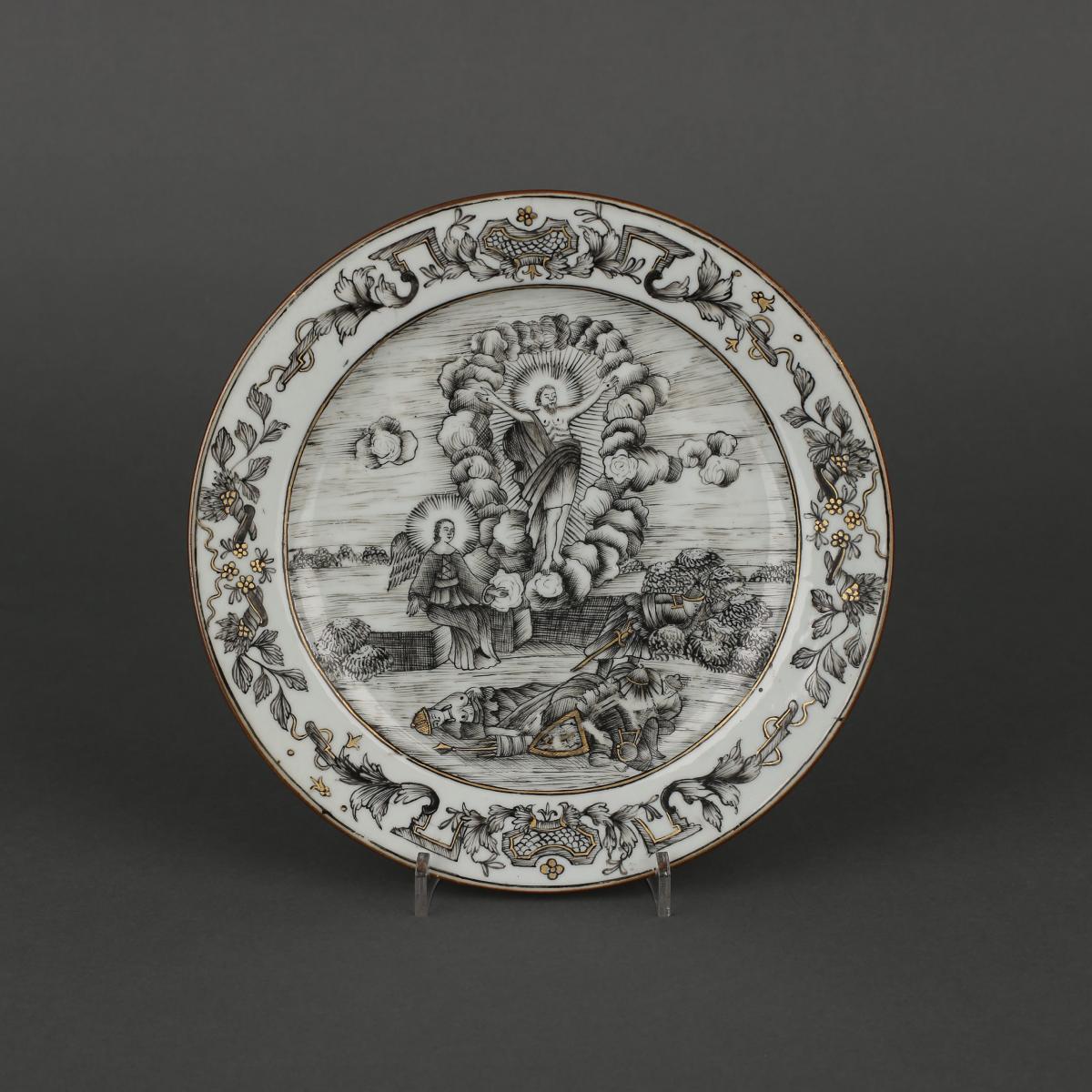 A Chinese export porcelain grisaille and gilt decorated Jesuit plate, Qianlong, circa 1750
