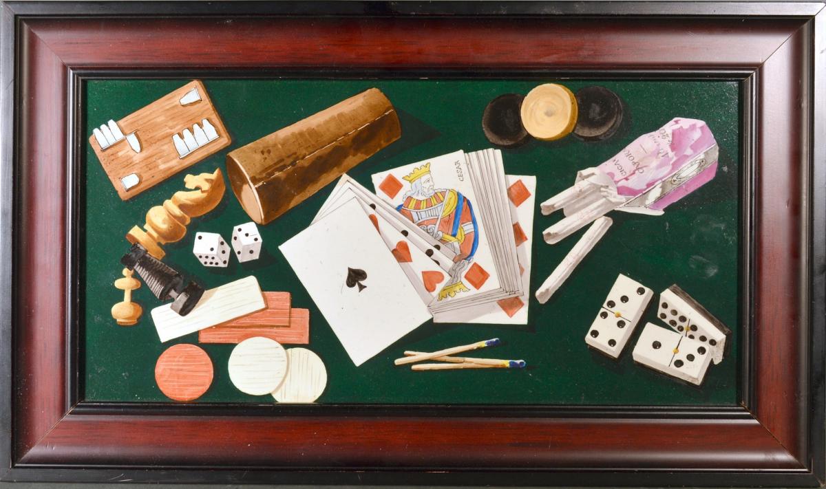 Porcelain Still Life plaque depicting VariousGame pieces including Playing Cards, 1880-1900