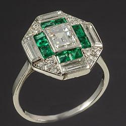 Platinum set emerald and diamond Art Deco ring
