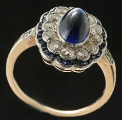 Cab sapphire and diamond art Deco ring