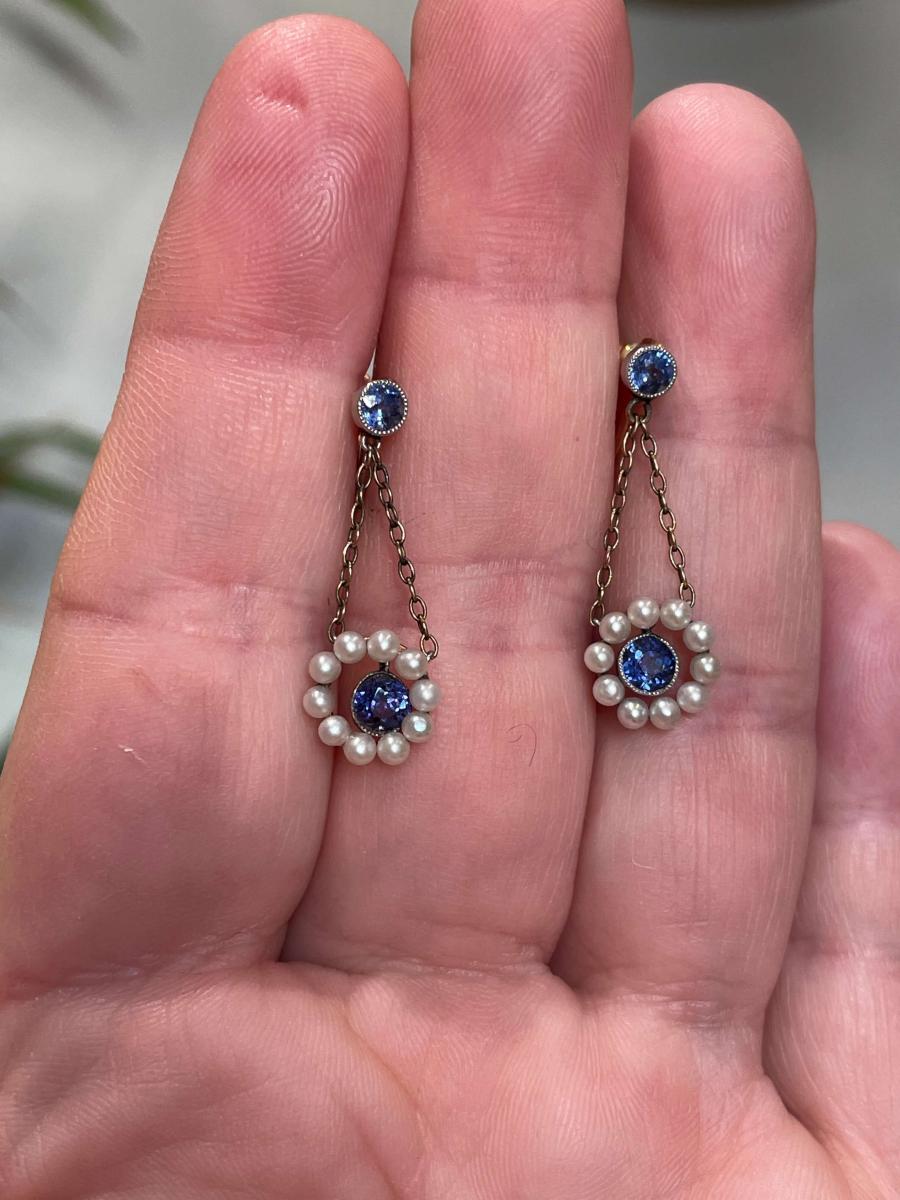 Edwardian Sapphire & Pearl Drop earrings c.1910