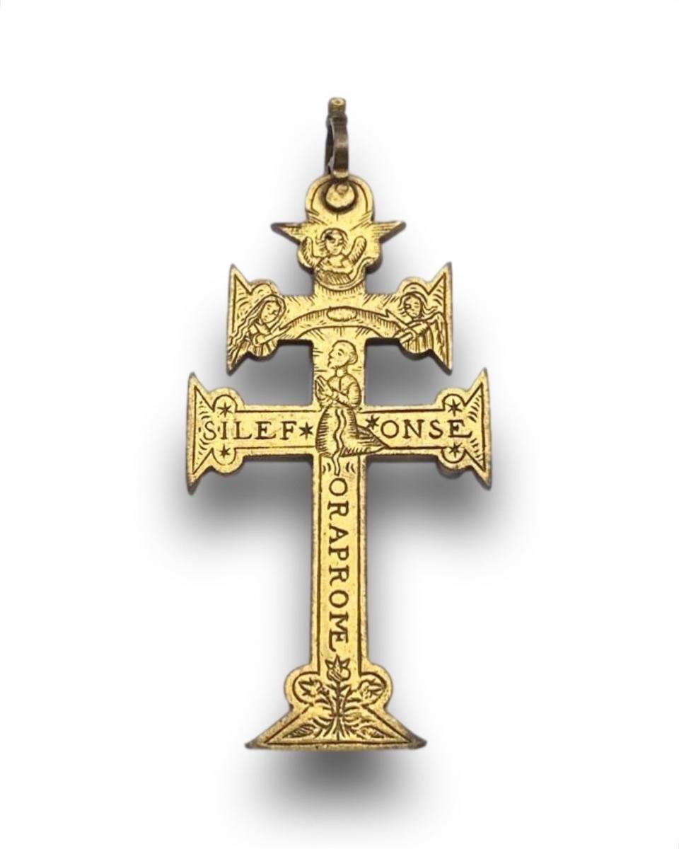 Large engraved & gilded bronze patriarchal cross pendant. Spanish, 17th century