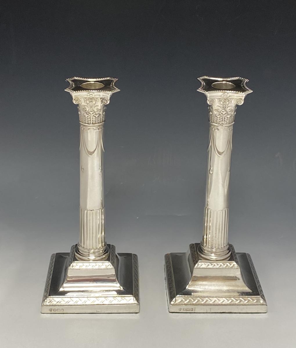 Hawksworth Eyre Georgian silver candlesticks 1908