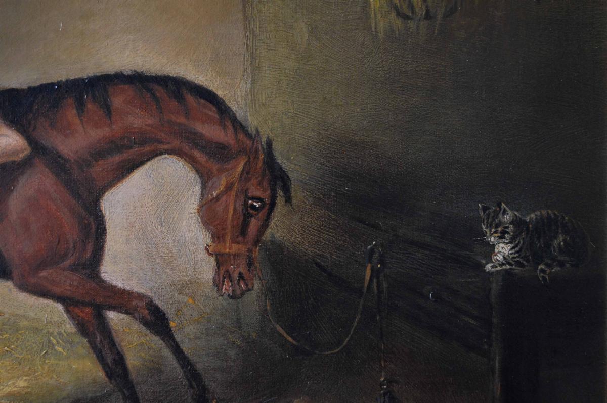 Sporting animal oil painting of a horse & groom in a stable by John Ferneley Jnr