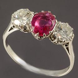 Burmese ruby and diamond three stone ring, circa 1910