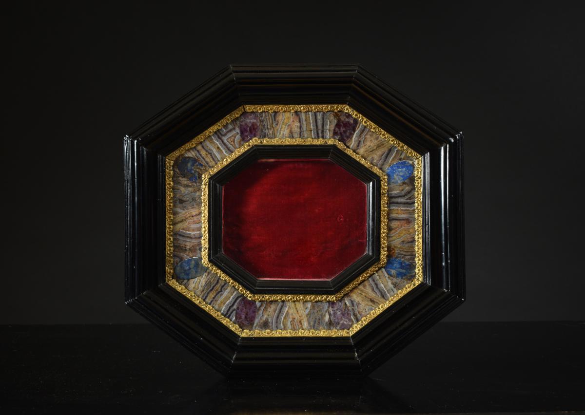 17th century ebony, hard stone and gilt bronze octagonal frame