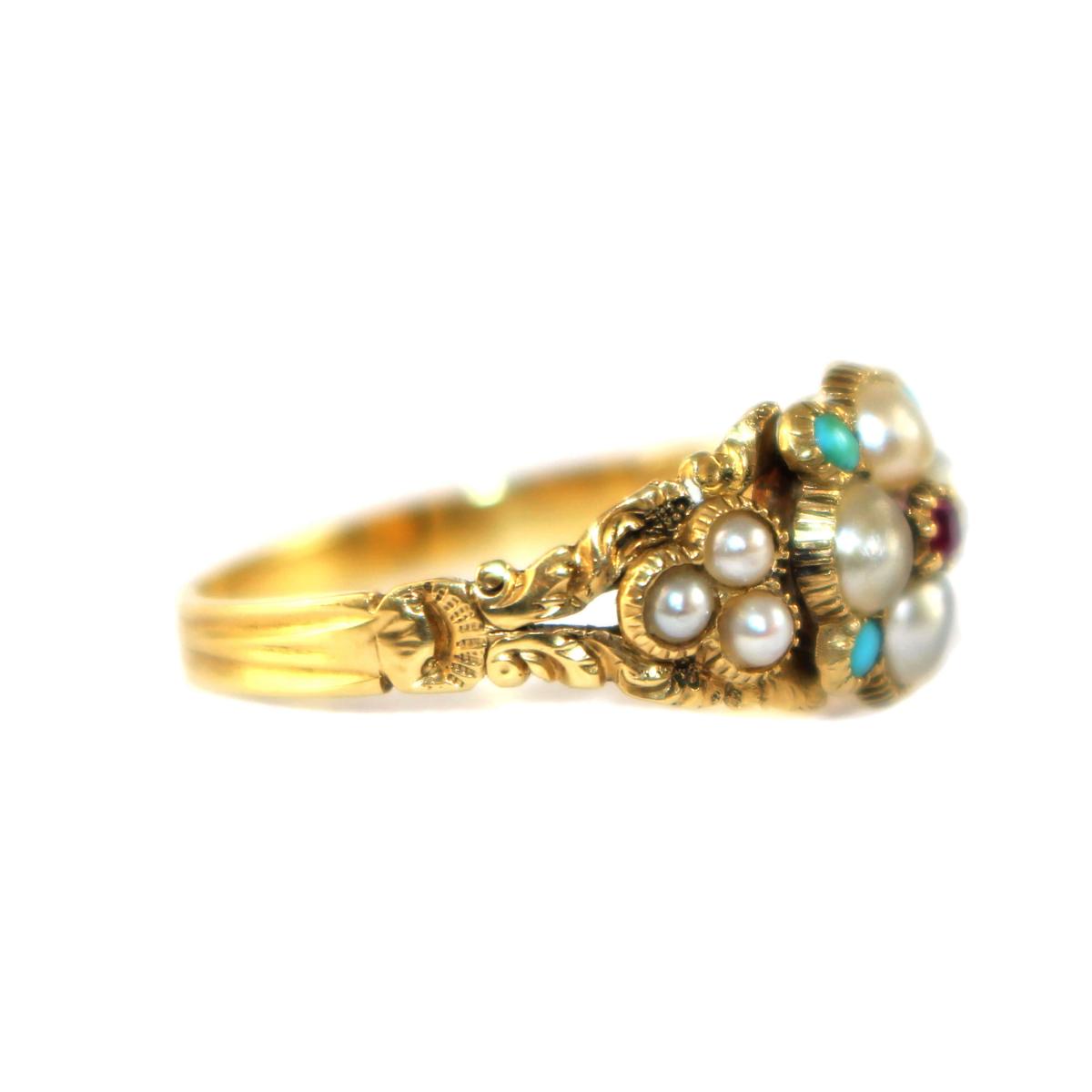 Georgian Pearl, Turquoise & Ruby Dress Ring c.1800