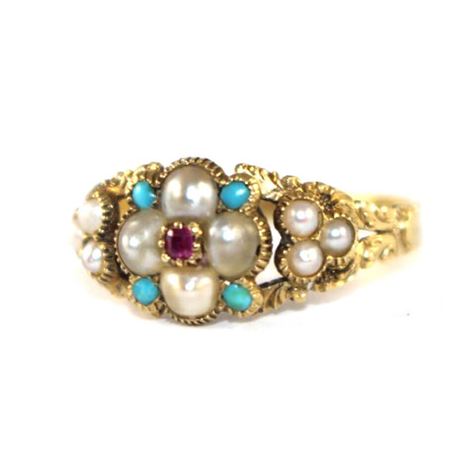 Georgian Pearl, Turquoise & Ruby Dress Ring c.1800