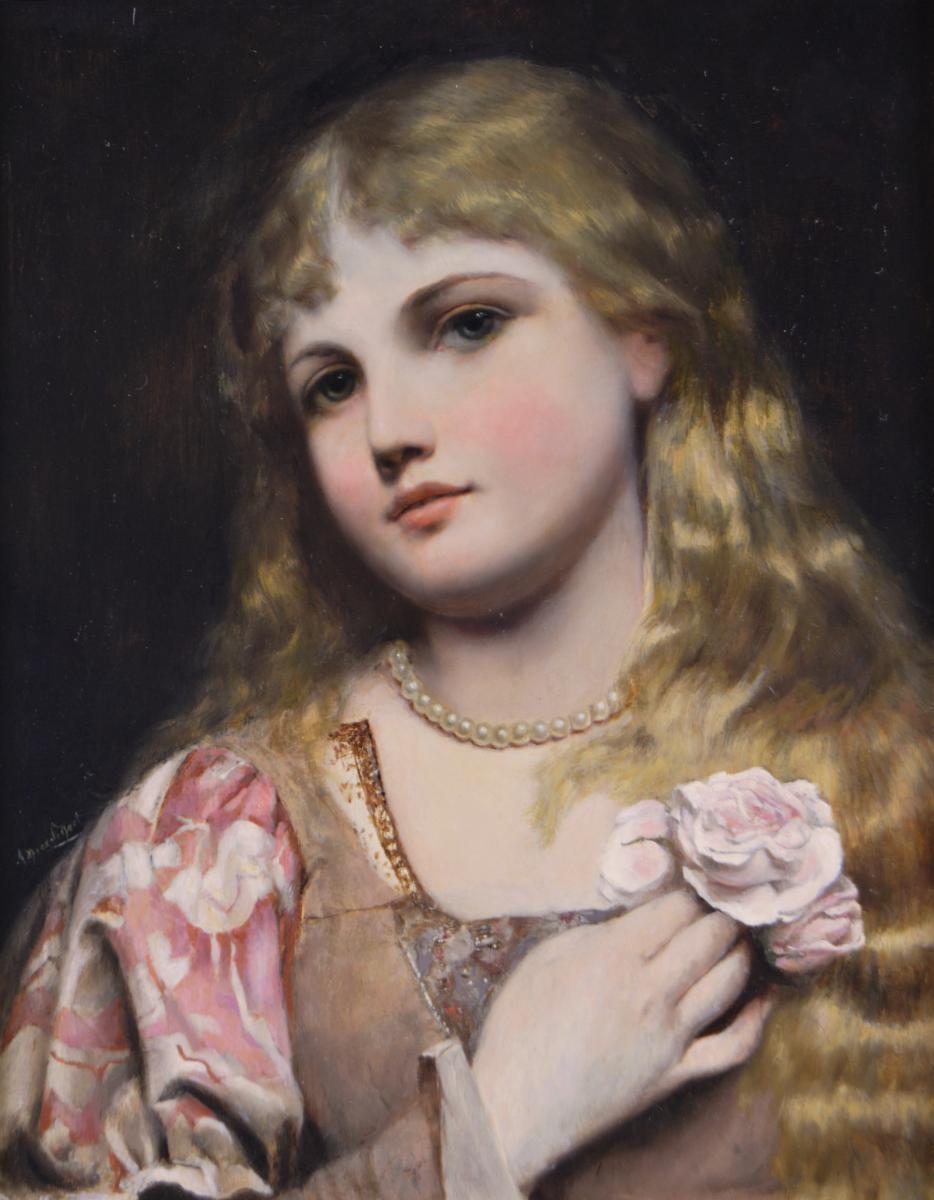 Portrait oil painting of a young woman with pearls & a rose by Alfred Seifert