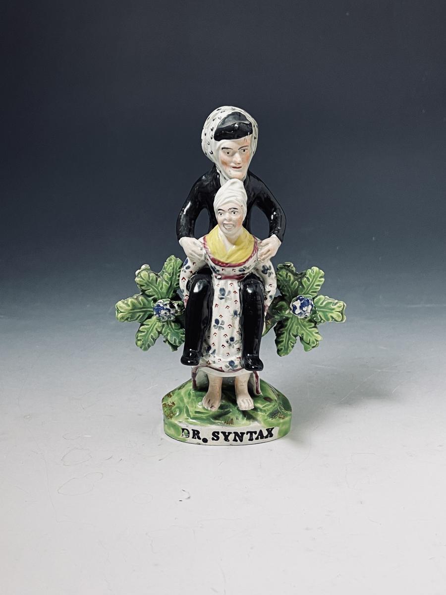 Staffordshire pearlware pottery bocage figure of Dr Syntax Landing at Calais