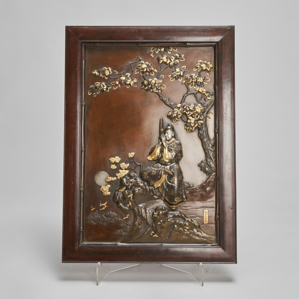  Japanese Meiji-era Bronze and multi-metal decorative plaque by Fukuda Michiharu