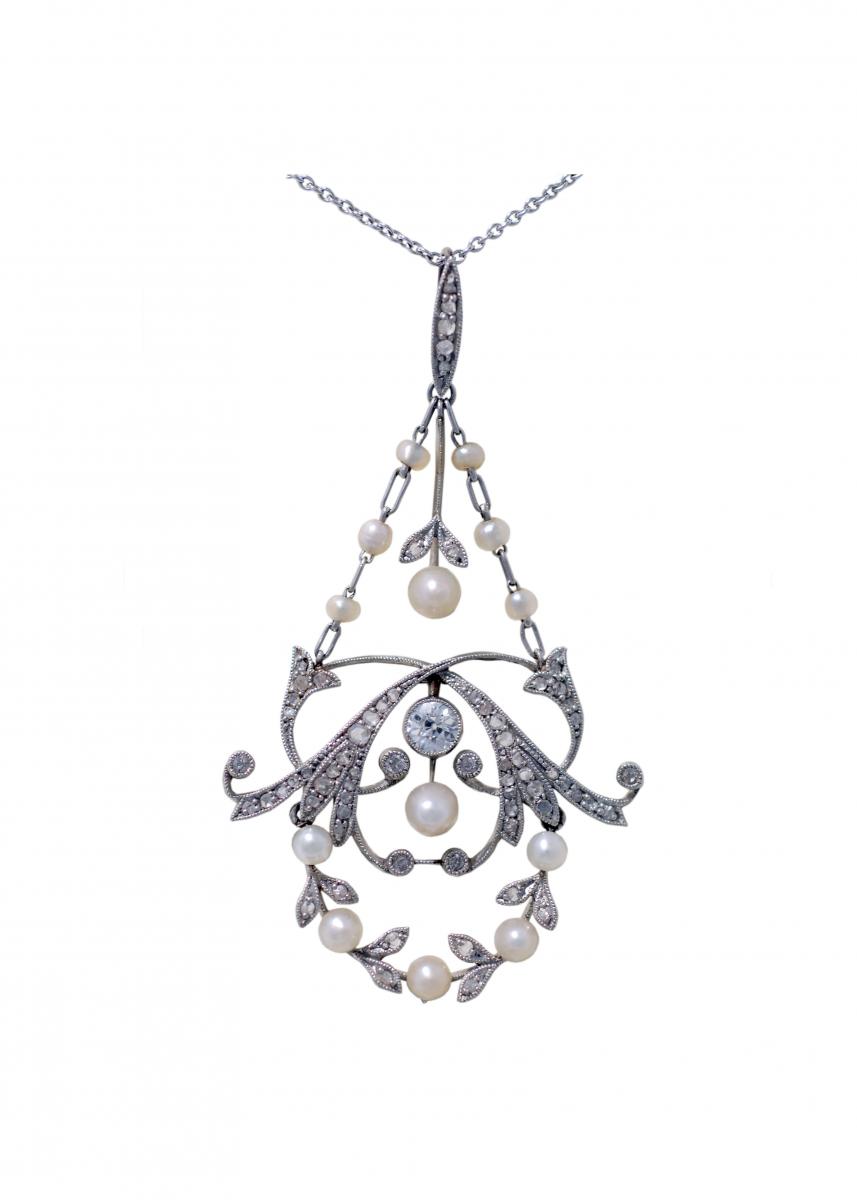 Art Nouveau Pearl & Diamond Necklace c.1915