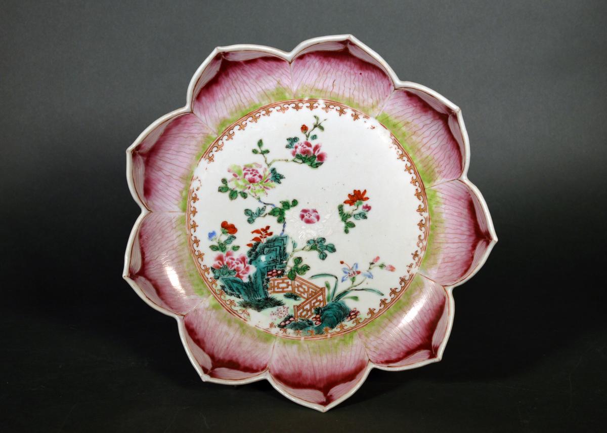 Chinese Export Porcelain Lotus Leaf Shaped Pair of Dishes,  Circa 1765