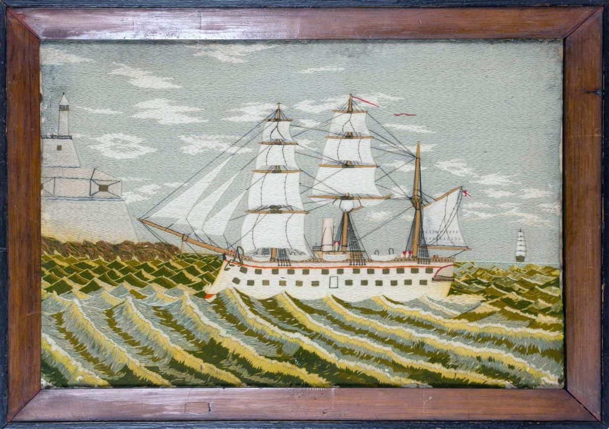 British Sailor's Woolwork Picture of a Ship on Unusual Green Sea,