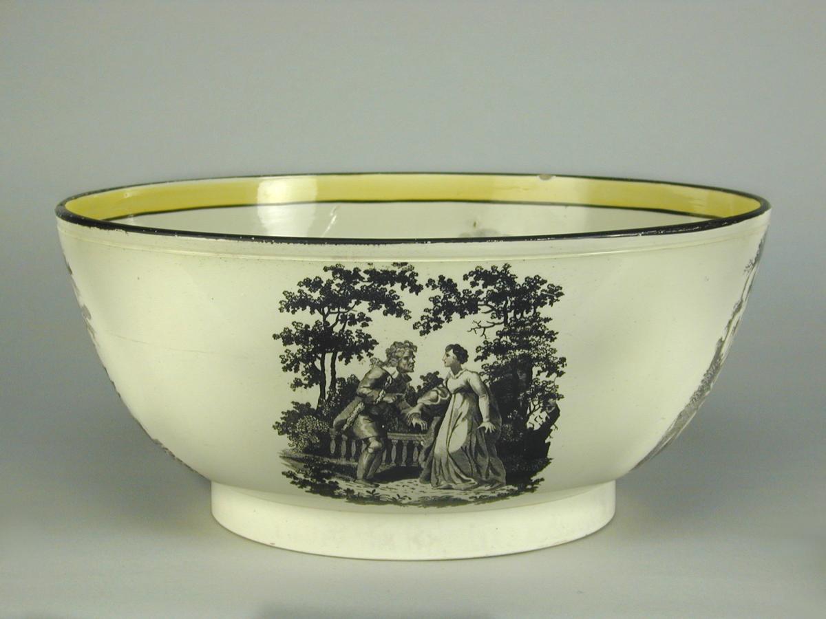 A large creamware punch bowl printed with a sailing ship, c.1790