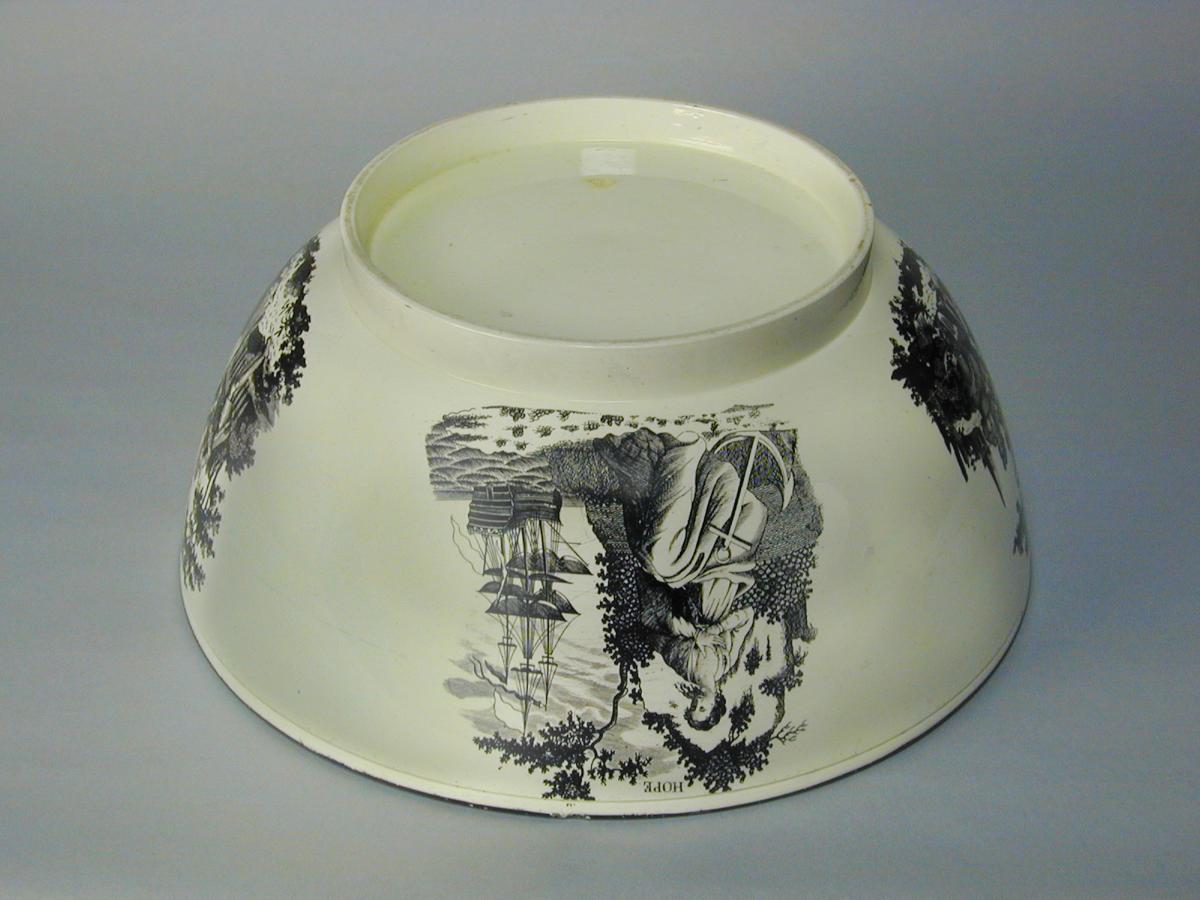 A large creamware punch bowl printed with a sailing ship, c.1790
