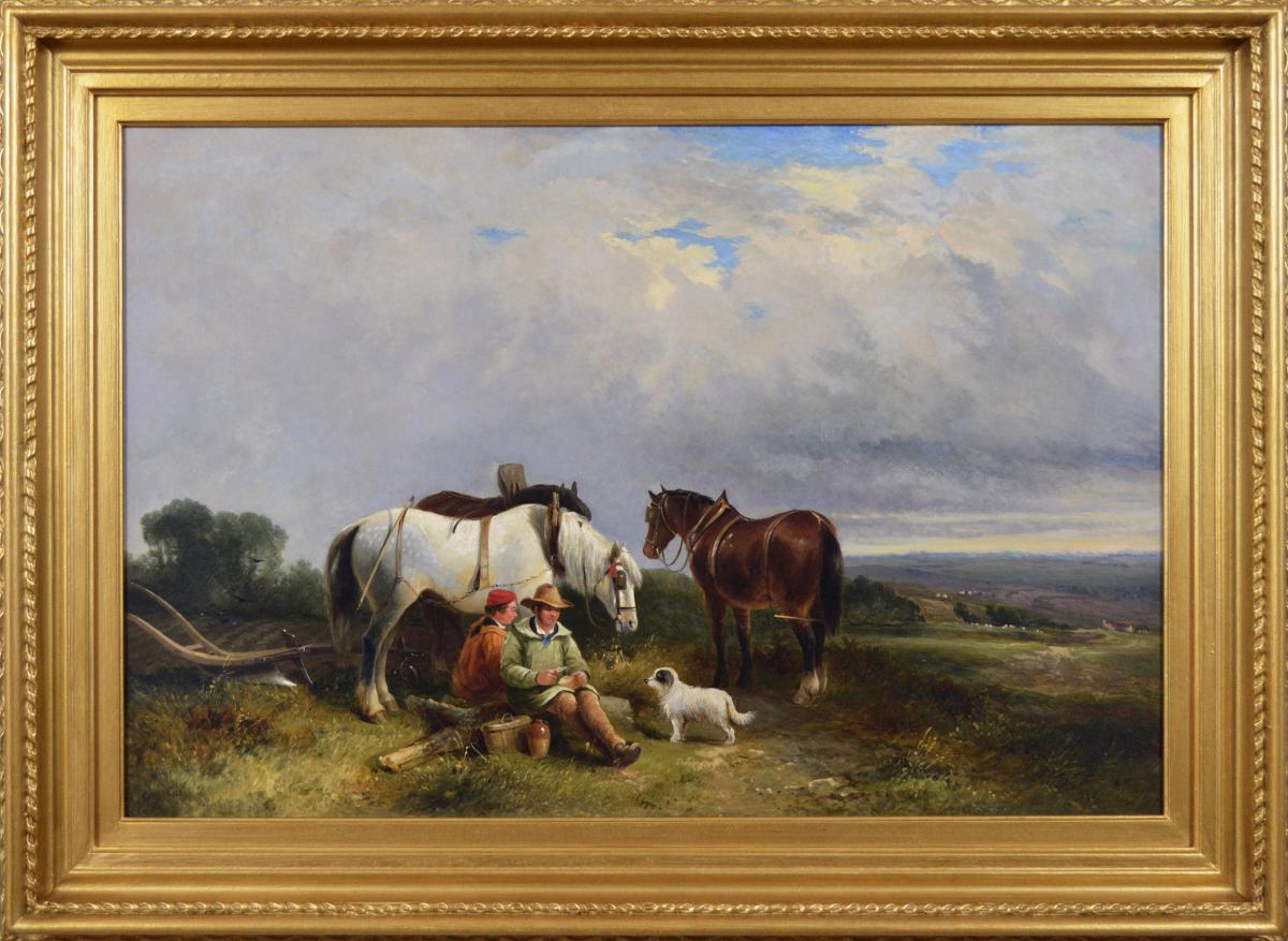 Landscape genre oil painting of ploughmen with horses & a dog by George Cole