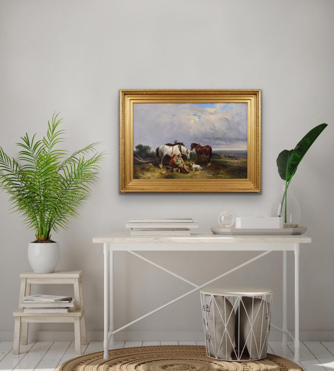 Landscape genre oil painting of ploughmen with horses & a dog by George Cole