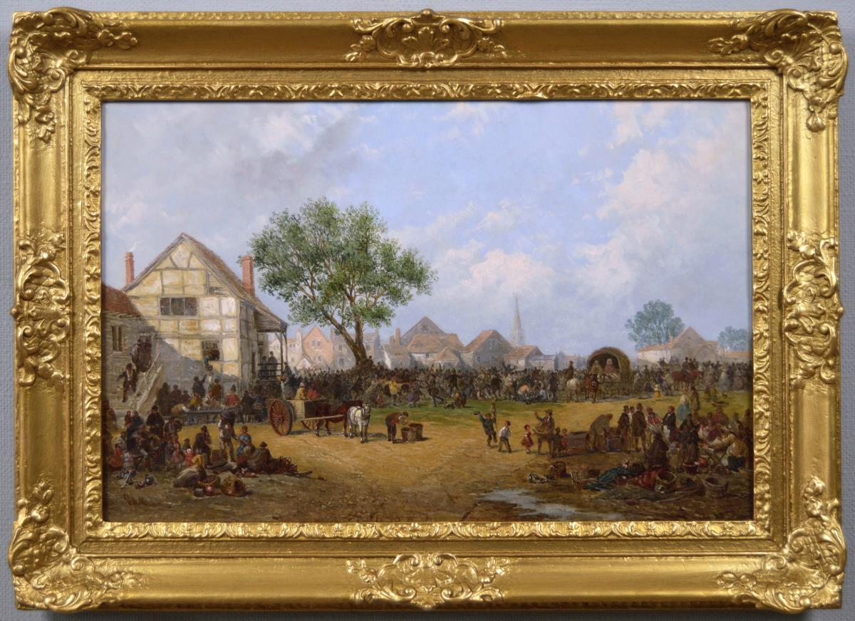 Landscape oil painting of a village fair by John Holland Snr