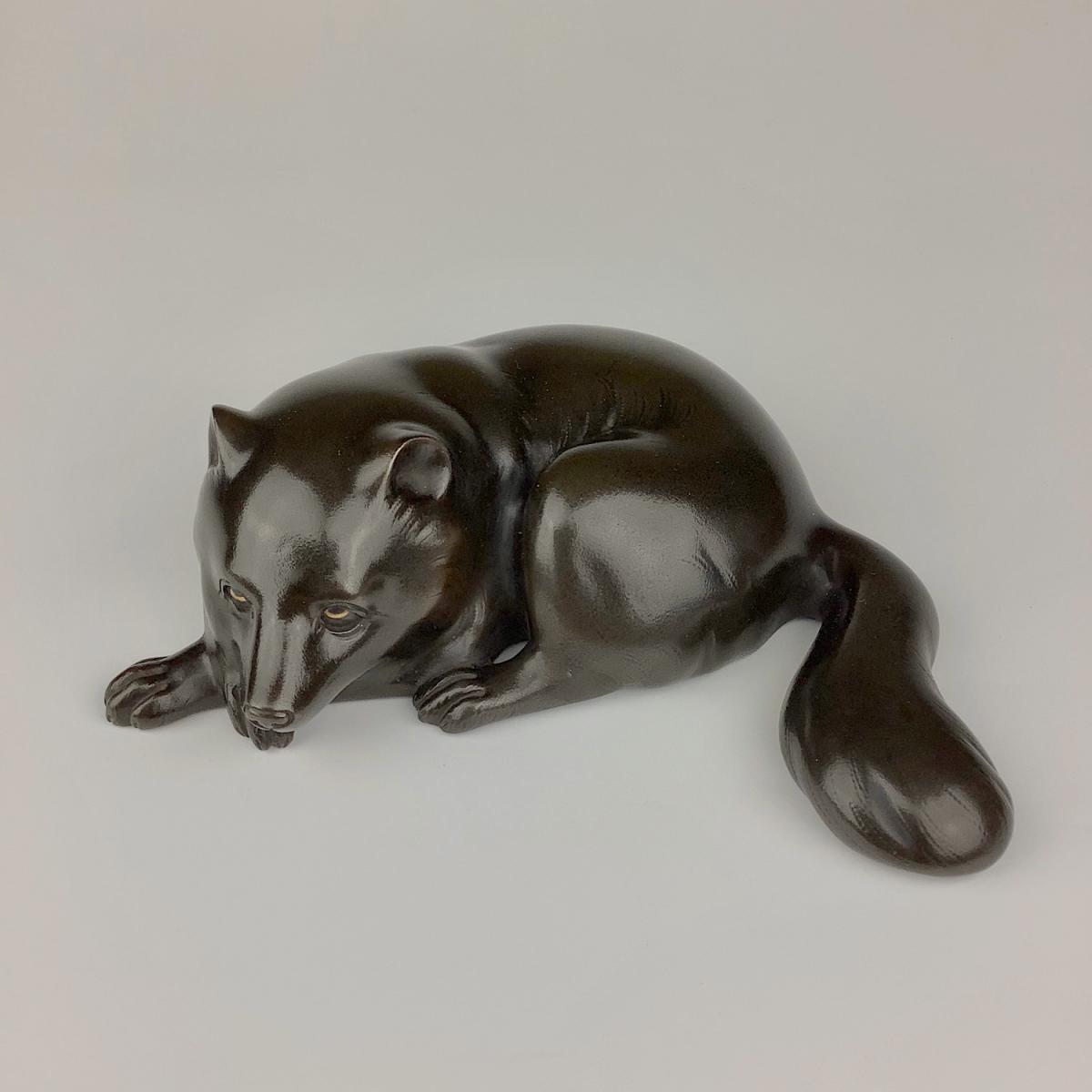 Japanese bronze fox signed Hideaki saku, Meiji Period