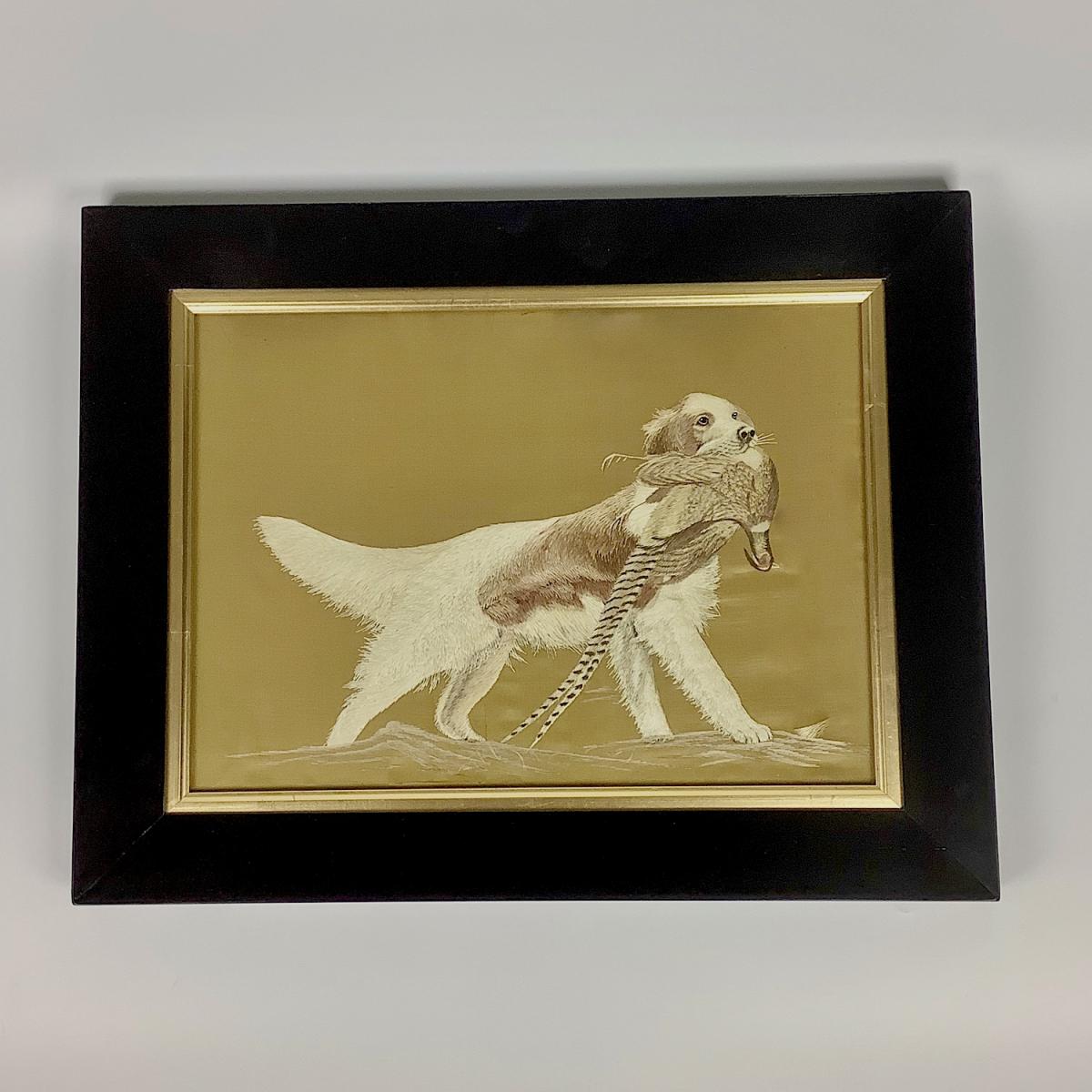 Japanese silk embroidery with a hunting dog