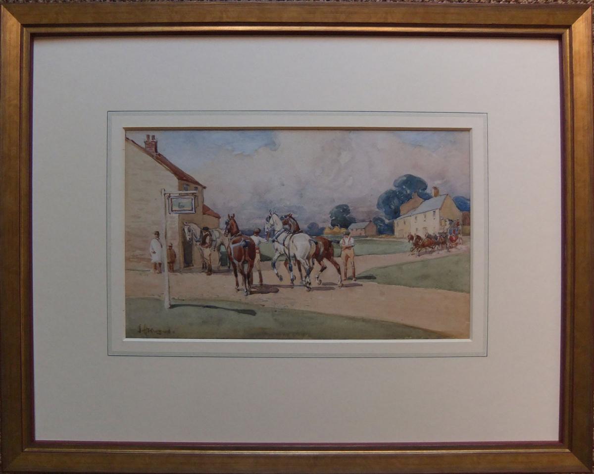 John Atkinson "Changing Horses at the Black Swan" watercolour