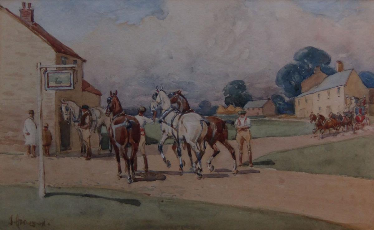 John Atkinson "Changing Horses at the Black Swan" watercolour