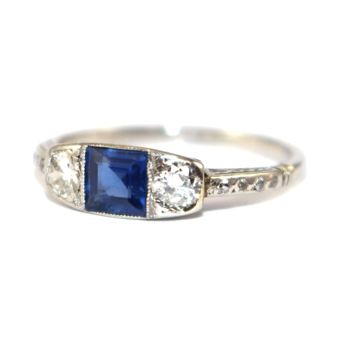 Art Deco Sapphire & Diamond 3 Stone Ring c.1930