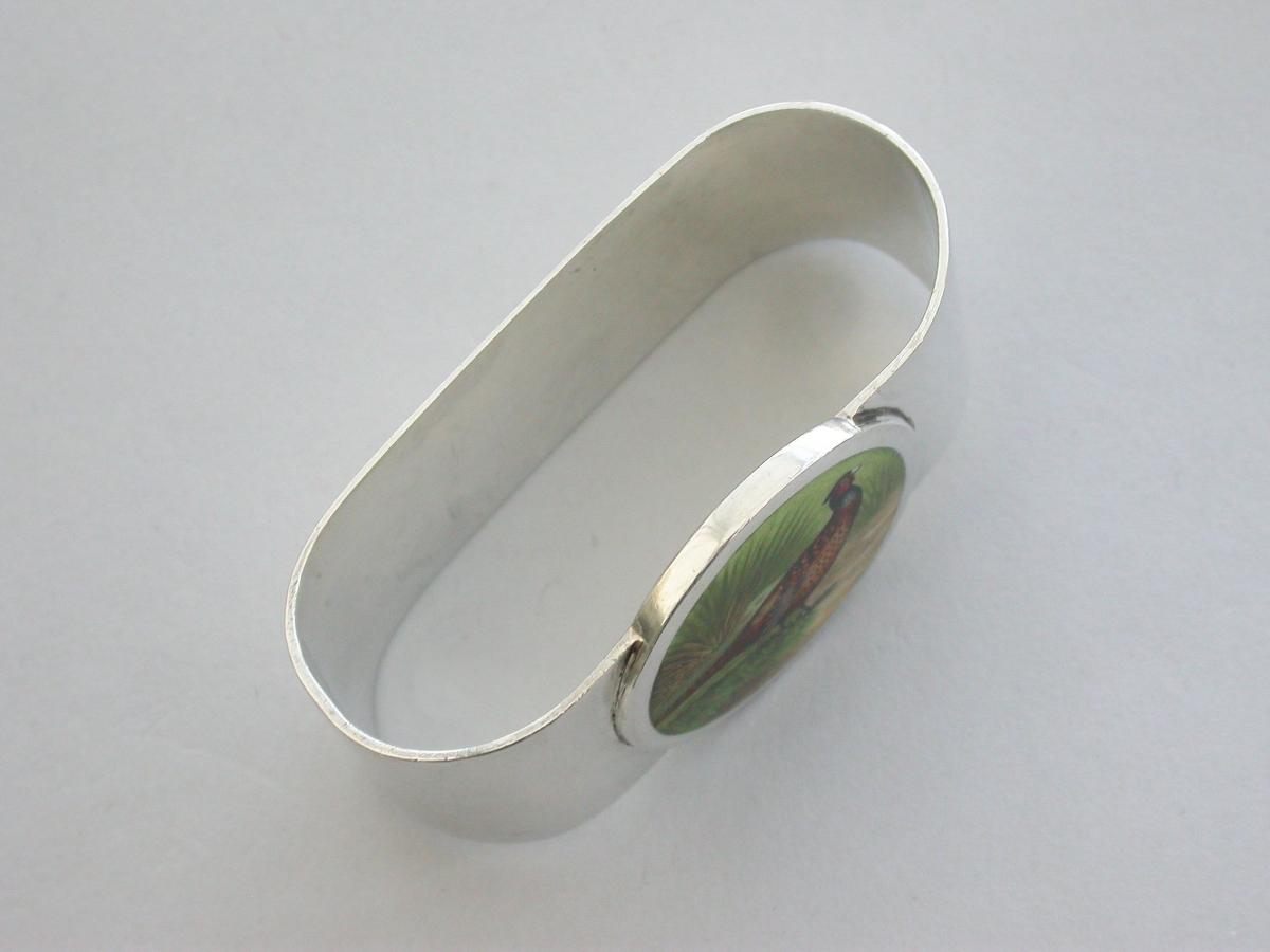 Edwardian Silver Napkin Ring Enameled with a Cock Pheasant